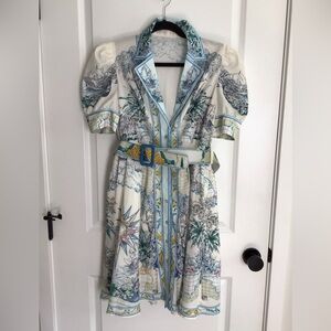 Women's Printed Cotton Polyester Button-Front Belted Puff-Sleeve Dress L